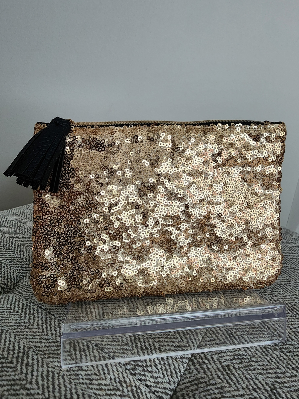 Ipsy Gold Sequin And Black Leather Cosmetic Pouch with Black Tassel